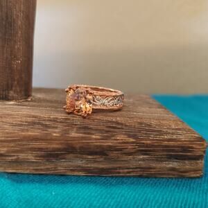 925 Two Toned Filigree Rose/Silver Metal Champagne Color Stone Ring Sz 5.5